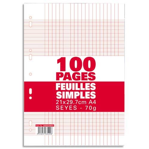 [203054] Sachet de 100 pages copies simples grand format A4 grands carreaux Seyès 70g perforées